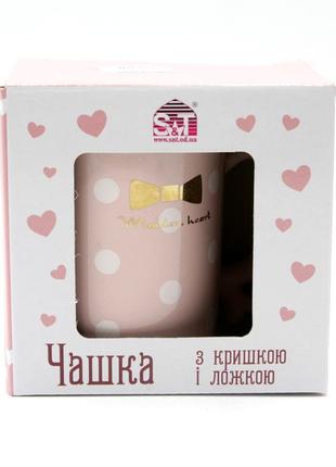 Чашка в горошек с крышкой-подставкой, универсальная кружка на подарок, чашка для чая/кофе розовая 360мл топ5 фото
