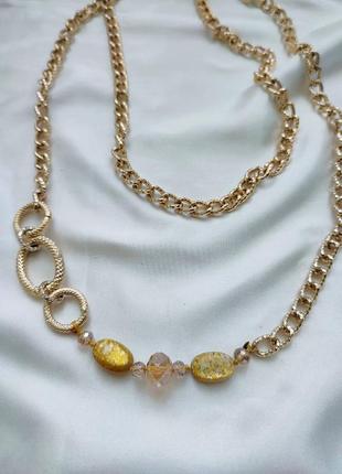 Длинная цепь, цепочка, колье на шею с чешским стеклом и перламутром