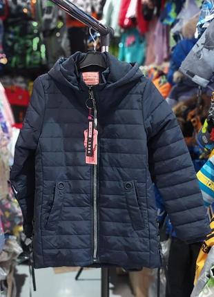 Тепла демісезонна синя подовжена куртка на дівчинку підлітка, дитячі осінні весняні темні пальто 11-12