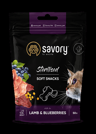 М'які ласощі для стерилізованих котів savory із ягням і чорницею 50г