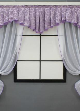 Кухонна фіранка (200х170см) з підв'язками. колір білий з бузковим