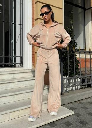 Бежевый женский велюровый спортивный костюм широкие брюки палаццо кофта на молнии женский прогулочный повседневный костюм из велюра