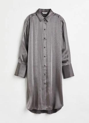 Серебряное/серое/металлик вискозное миди платье рубашка с манжетами h&m, оверсайз платья рубашка