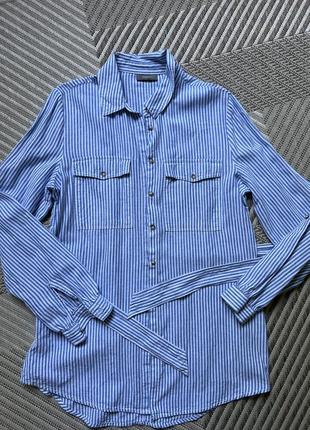 Рубашка блуза  в полоску из льна голубая3 фото