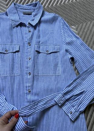 Рубашка блуза  в полоску из льна голубая5 фото