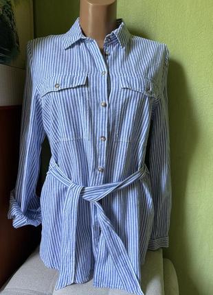 Сорочка блуза льняна у смужку блакитна yessica2 фото