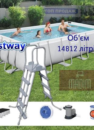 Каркасний прямокутний басейн bestway power steel 549 х 274 х 122 см + картриджний фільтр + сходи + тент1 фото