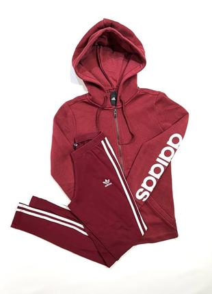 Костюм adidas спортивний жіночий бордовий лосини+кофта худі з капюшоном2 фото