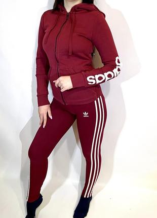 Костюм adidas Wars спортивний жіночий бордовий лосини+кофта худі з капюшоном