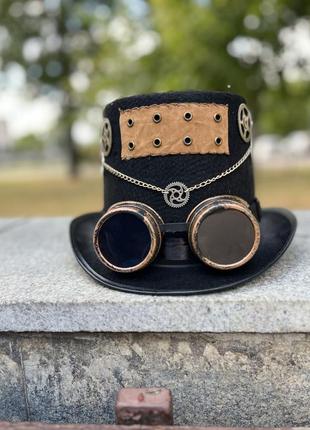 Шляпа стимпанк, с очками , с гоглами , шляпа цилиндр, для вечеринки и фотосессии