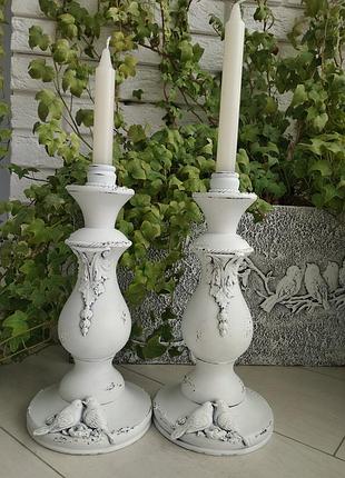 Білі дерев'яні шеббі-підсвічники(свічники) ручна робота,авторський дизайн,висота...