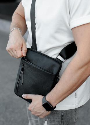 Чоловіча чорна шкіряна сумка мессенджер із натуральної шкіри, сумка через плече