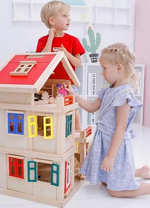 Конструктор деревянный домик для кукол 56х43,5х75 см с мебелью и двумя куколками