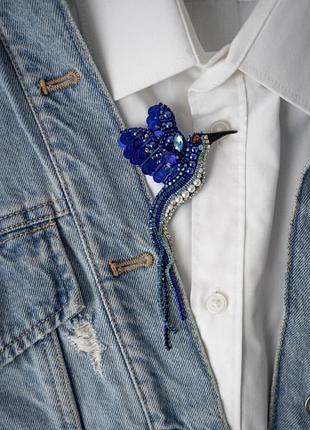 Брошка пташка колібрі синя з ланцюжкаии