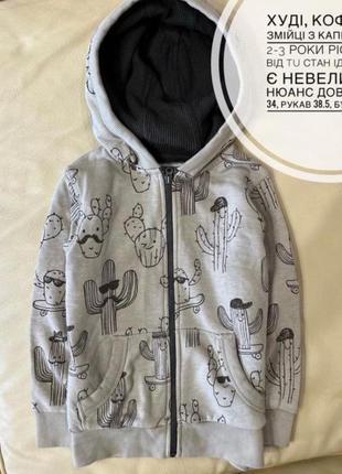 Стильна кофта, худі, пайта на замку 2-3 роки ріст 92-98 в кактусах з капюшоном, є невеличкий нюанс ( ост.,фото