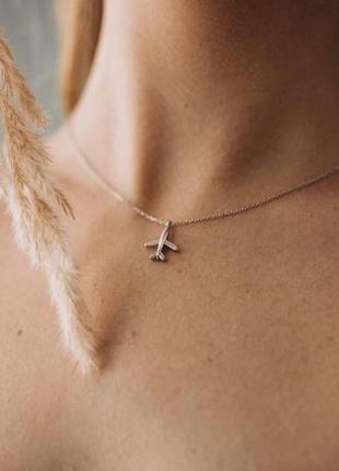 Серебряная подвеска самолет, цепочка + кулон с камнями для путешествий из серебра 925 пробы, длина 40+6 см