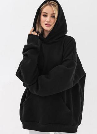 Утепленная толстовка с капюшоном женская rey oversize черная с карманам кенгуру 3xl