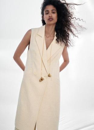 Длинная двухбортная жилетка zara жилет жакет пиджак безрукавка твид букле 100% хлопок