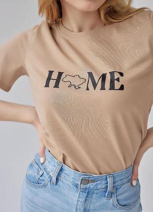 Хлопковая футболка с принтом "home" розмір м бежевий3 фото
