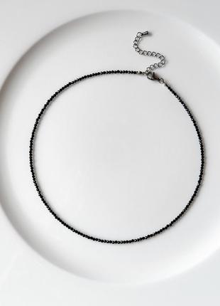 Чокер натуральная черная шпинель, колье из натуральных камней, сияющий чокер черный с хрустальными бусинами, ожерелье из шпинели3 фото