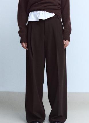 Брюки женские коричневые из двойные защипы zara new3 фото
