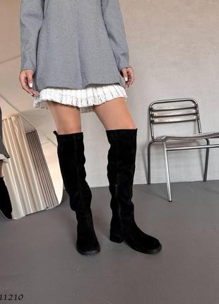 Черные натуральные замшевые демисезонные деми осенние сапоги ботфорты на толстой подошве замша осень8 фото