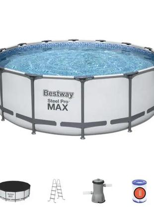 Каркасный круглый бассейн bestway 457 х 122 см + картриджный фильтр + лестница + тент + картридж4 фото