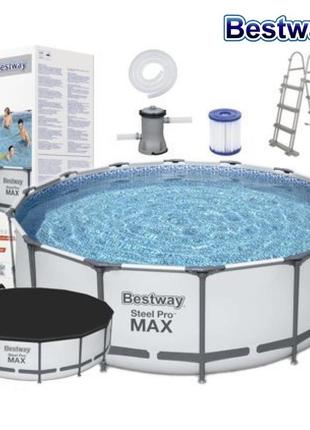 Каркасний круглий басейн bestway 457 х 122 см + картриджний фільтр + драбина + тент + картридж