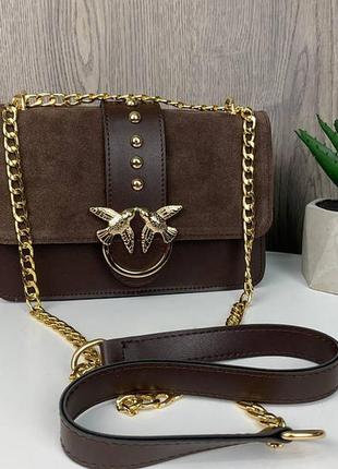 Женская мини сумочка клатч замшевая, сумка на плечо натуральная замша птички