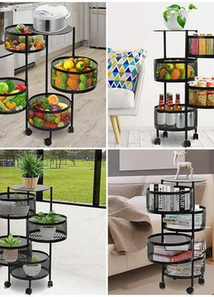 Этажерка мобильная четырехъярусная универсальная из металла круглая черная 30*30*75см