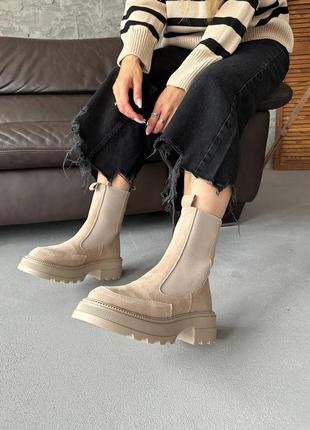 Женские ботинки бежевые/ замшевые ботильоны на тракторной подошве 36-40