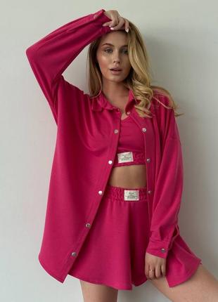 Літній костюм трійка 💕 рожевий костюм з шортами 💕 сорочка, шорти та топ 💕