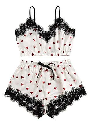 Женская пижама с принтом в виде сердечек. топ и шорты.