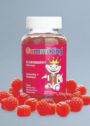 Gummiking, бузина для дітей, імунний захист + гарне самопочуття, смак малини, 60 жувальних мармеладо