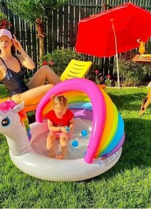 Детский надувной бассейн intex единорог 127 х 102 х 69 см с навесом 90 см и мягким дном