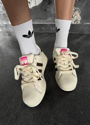 Адидас суперстар крем кеды кожаные adidas superstar cream / black / pink8 фото