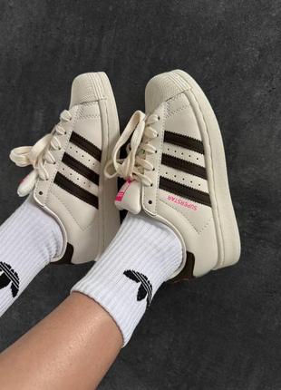 Адидас суперстар крем кеды кожаные adidas superstar cream / black / pink1 фото