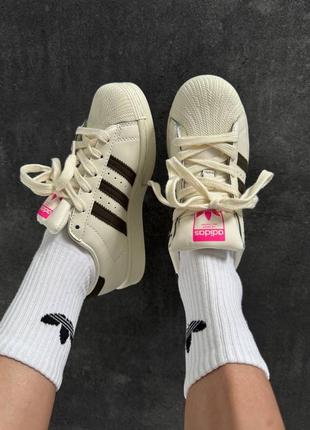 Адидас суперстар крем кеды кожаные adidas superstar cream / black / pink7 фото
