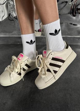 Адидас суперстар крем кеды кожаные adidas superstar cream / black / pink6 фото