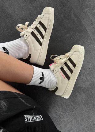 Адидас суперстар крем кеды кожаные adidas superstar cream / black / pink4 фото