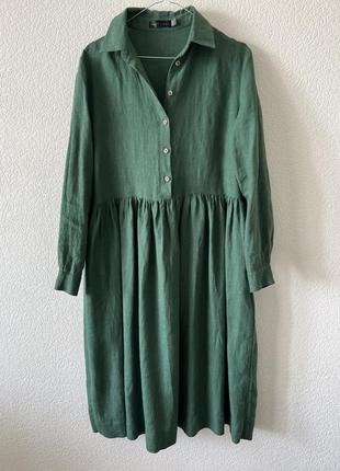 Льняное зеленое платье миди в стиле бохо moonlinen