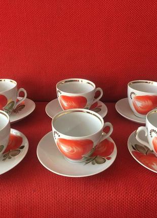 Чайный фарфоровый сервиз на 6 персон с красивой ручной росписью и позолотой ссср7 фото