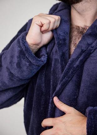 Теплый махровый халат мужской унисекс темно-синий с капюшоном