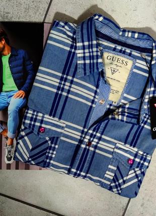Мужская элегантная приталиная хлопоковая  тениска guess casual  в синем цвете в клетку размер м