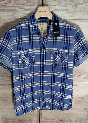 Чоловіча елегантна приталена бавовняна тіні guess casual у синьому кольорі в клітинку розмір м