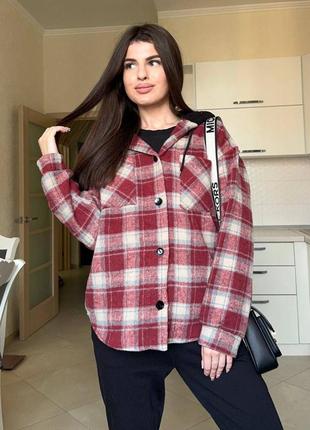 Теплая рубашка oversize в клетку с капюшоном