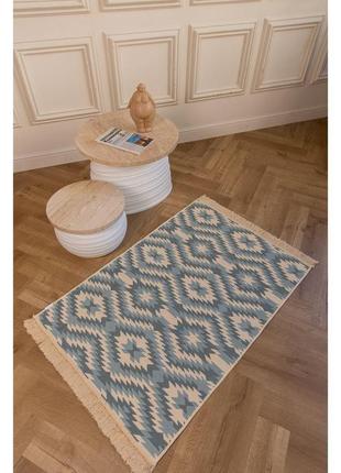 Блакитно-бежевий турецький, двосторонній, безворсовий килим, розмір 60x909 фото