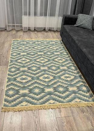Блакитно-бежевий турецький, двосторонній, безворсовий килим, розмір 60x901 фото
