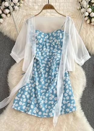 Неймовірний комплект двійка блуза вільного крою сарафан з квітковим принтом коротка сукня2 фото