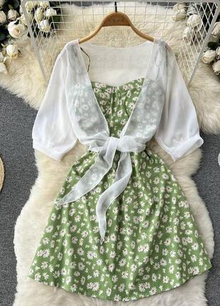 Неймовірний комплект двійка блуза вільного крою сарафан з квітковим принтом коротка сукня3 фото